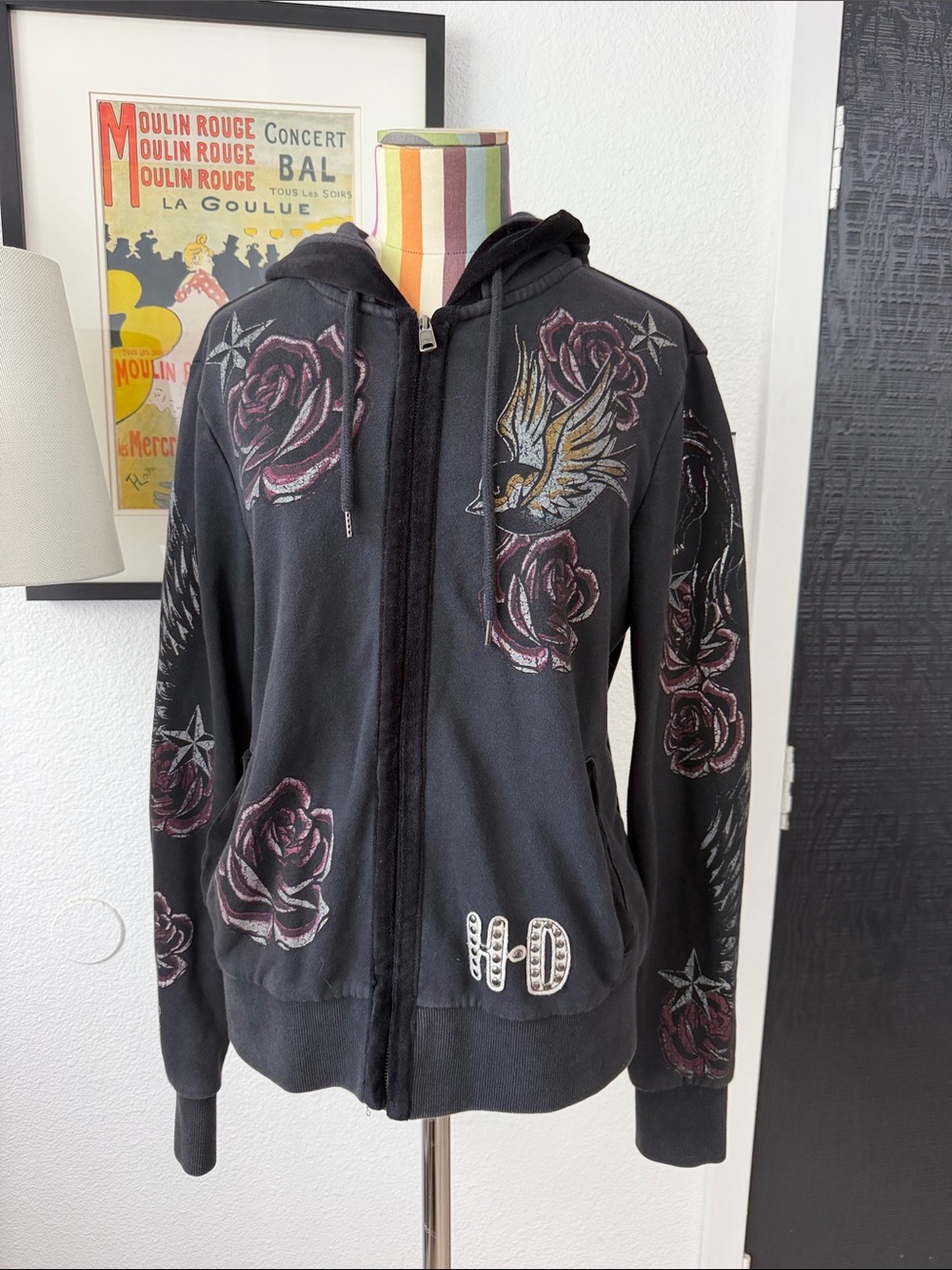 Harley Davidson Zip Up Hoodie Rose Sparrow Eagle Velvet Trim Sweatshirt Heavy - Picture 2 of 11